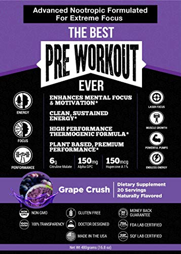 The Best Pre Workout Ever All Natural Nootropic Preworkout Powder - Clean Energy Boost Focus & Strength - Muscle Builder Supplement for Men & Women - Keto Friendly Plant Based & Grape Crush…