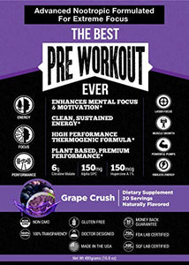 The Best Pre Workout Ever All Natural Nootropic Preworkout Powder - Clean Energy Boost Focus & Strength - Muscle Builder Supplement for Men & Women - Keto Friendly Plant Based & Grape Crush…