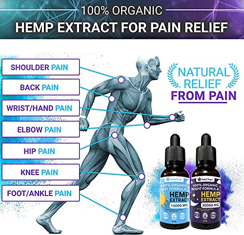 2-Pack Vegan Hemp Seed Oil CO2 Extract - New Day & Night Formula - 15,000mg & 30,000mg - 100% Organic Hemp Extract of Omega 3-6-9 for Skin, Hair and Focus