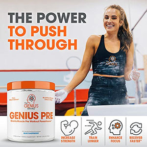 Genius Pre Workout Powder – All Natural Nootropic Preworkout & Caffeine Free Nitric Oxide Booster w/Beta Alanine & Alpha GPC | Boost Focus, Energy & NO | Muscle Builder Supplement - Blue Raspberry