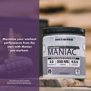 Maniac Pre Workout Powder by Anabolic Warfare – Preworkout Mix to BoostFocus & Energywith Caffeine, Beta Alanine, Lions Mane Mushroom, L Citrulline Powder and Creatine (Grape - 25 Servings)