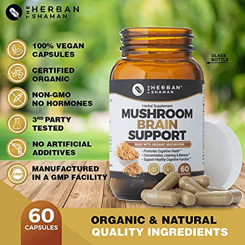 The Herban Shaman Mushroom Supplement Brain Support | Organic Lions Mane, Cordyceps, Ginkgo Leaf, Gotu Kola + More | Natural Herbal Supplement (60 Capsules)