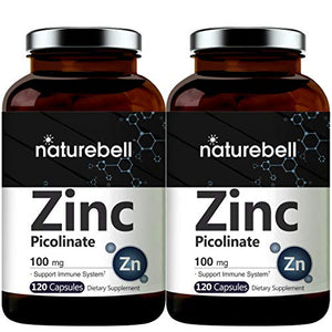 2 Pack Maximum Strength Zinc 100mg, Zinc Picolinate Supplement, 120 Capsules, Zinc Vitamin and Immune Vitamins for Enzyme Function and Immune Support, Non-GMO and Made in USA