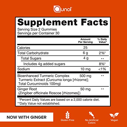 Qunol Turmeric Gummies with Ginger, Ultra High Absorption, 500 mg Turmeric Curcumin, 50mg Ginger Root, Tangerine Flavored Gummy Supplement, Helps Support an Active Lifestyle, 60 count/30 Day Supply