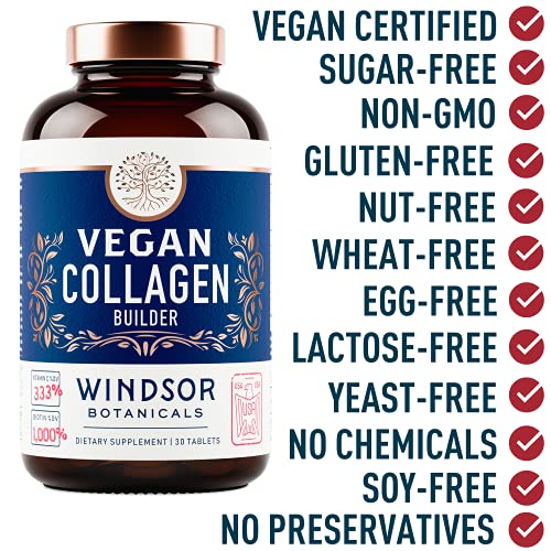 Vegan Collagen Builder Tablets by Windsor Botanicals - Non-GMO, Vegetarian, Plant-Based Supplement - Strengthens Skin, Hair, Nails and Joints - 30 Tablets