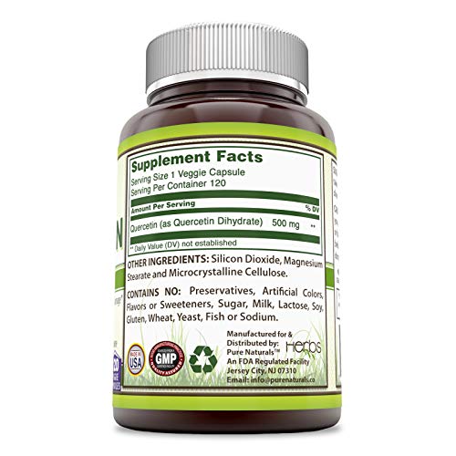 Pure Naturals Quercertin 500 Mg Veggie Capsules (Non-GMO)- Anti- inflammatory Support, Supports Cardiovascular and Immune Health* (120 Count)