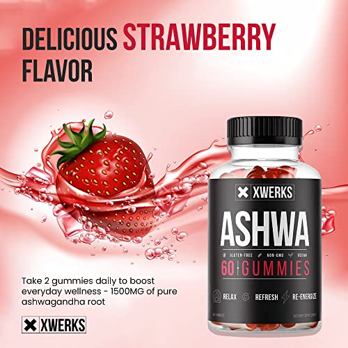 Xwerks Ashwagandha Root Gummies - Extra Strength 1500mg - Stress Relief & Anxiety - Natural Supplements for Immunity Support & Strength- Non-GMO Gluten Free and Vegan Gummy Vitamins for Adults - 60CT