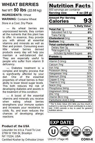 Wheat Berries, 50 Pounds — Non-GMO Verified, Sprouting for Wheatgrass, Kosher, Raw, Vegan, Bulk