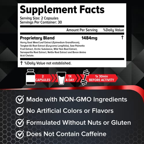 Sports Nutrition Performance Booster for Men - Enhance Energy, Endurance, Stamina, Strength & Muscle Growth - Natural Male Enhancing Supplement with Saw Palmetto, Horny Goat Weed & Tongkat Ali - 60ct