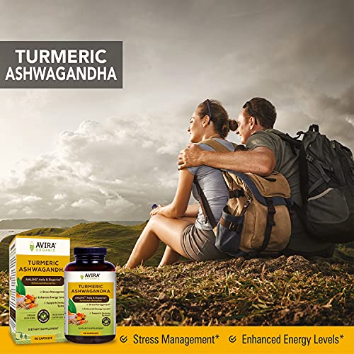 Avira Organic Turmeric Ashwagandha, Super Fusion with Amla, Curcumin & Bioperine, Helps Support Occasional Stress Management, Energy Level & Immune System, Vegan, Non-GMO, Yellow, 90 Count