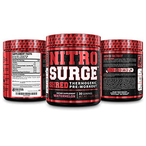 NITROSURGE Shred Pre Workout Supplement - Energy Booster, Instant Strength Gains, Sharp Focus, Powerful Pumps - Nitric Oxide Booster & PreWorkout Powder - 30Sv, Watermelon