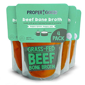 Beef Bone Broth - 12oz 4 pack by Proper Good - Organic, Grass Fed, Turmeric, Collagen, Protein, Keto & Paleo Friendly, Shelf Stable, No Refrigeration Required - 12oz Pack of 4