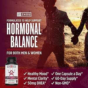 Zhou Clarity and Vitality (formerly DHEA) 50 mg, Hormonal Balance Formula for Women & Men, Healthy Aging, Non-GMO, Vegan, Gluten Free, 60 Capsules