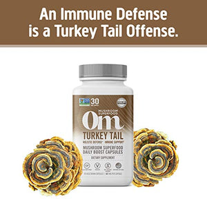 Om Mushroom Superfood Turkey Tail Mushroom Capsules Superfood Supplement, 90 Count, 30 Days, Immune Support, Polysacchrides, Beta-Glucans, Gut Health & Holistic Defense Mushroom Supplement