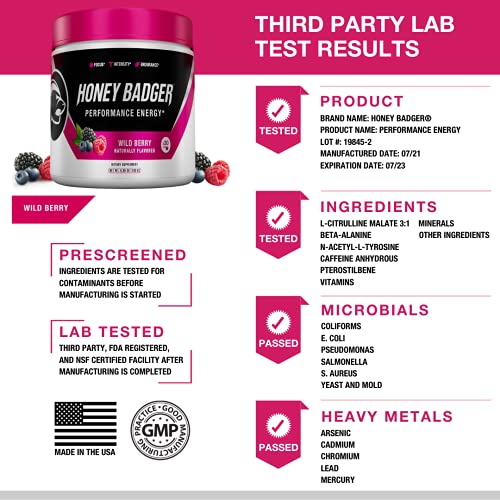 Honey Badger Pre Workout Powder | Vegan Keto Wild Berry Preworkout | Natural Energy for Men & Women | Beta Alanine, Caffeine & Vitamin C for Immune Support | Sugar Free & Paleo | 30 Servings