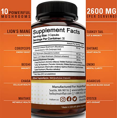 NutriFlair Mushroom Supplement 2600mg - 90 Capsules - 10 Mushrooms - Reishi, Lions Mane, Cordyceps, Chaga, Turkey Tail, Maitake, Shiitake Nootropic Complex - Brain, Energy, Focus