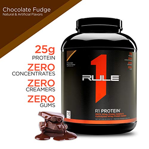 Rule One Proteins, R1 Protein - Chocolate Fudge, 25g Fast-Acting, Super-Pure 100% Isolate and Hydrolysate Protein Powder with 6g BCAAs for Muscle Growth and Recovery, 5 Pounds, 76 Servings