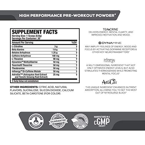 NITROSURGE Black Pre Workout Supplement - Nootropic Energy Booster Powder w/Dynamine & TeaCrine - PreWorkout Nitric Oxide Booster - 30 Servings, Lemon Lime