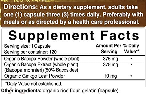 Bacopa Capsules 750mg (Made with Organic Bacopa Complex and Ginkgo Leaf Powder), 120 Counts, 3 in 1 Formula, Nootropics for Brain Booster for Enhanced Mental Focus and Memory, Non-GMO and Made in USA