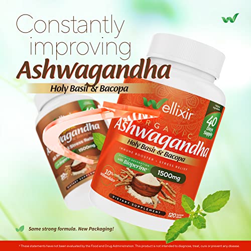 Wellixir Organic Ashwagandha Capsules - Root Powder Supplement, 10% Withanolides with Bacopa Extract & Holy Basil - Vegan & Gluten-Free Herbal Supplements for Stress, Mood Support - 1500mg, 120 Count