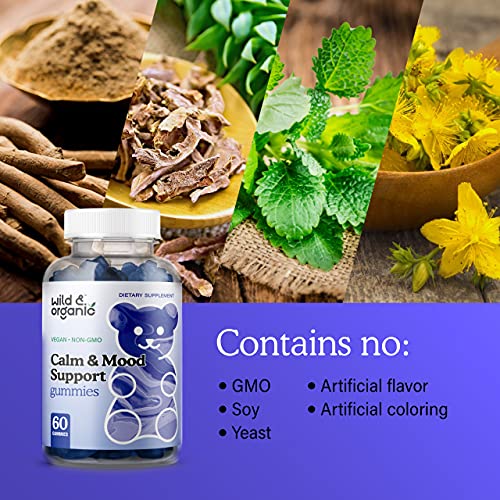 Wild & Organic Calm & Mood Support Gummies - Herbal Supplement with Magnesium, L-Theanine, Ashwagandha, Lemon Balm & Bacopa - Support Calmness, Alertness, Stress Relief - Vegan, Non-GMO - 60 Chews