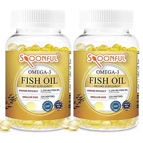 Spoonful Mini Omega 3 Fish Oil, 1290 mg 120 Softgels Burpless Pearls, Small Size Easy to Swallow Fish Pill Capsules for Women and Seniors, Made in USA [2 PK]