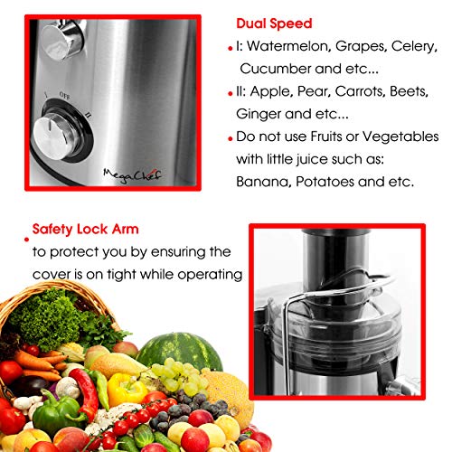 Megachef Wide Mouth Extractor Juice Machine with Dual Speed Centrifugal Stainless Steel Juicer, 3.5 Cup, Chrome Silver