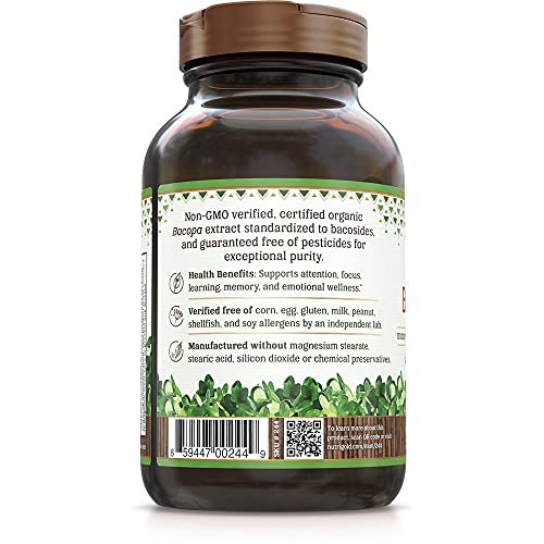 Bacopa Gold - 90 Plantcaps, Memory Enhancement Supplement with Organic Bacopa Monnieri Extract Powder