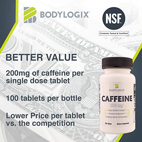 Caffeine Pills 200mg, Bodylogix Caffeine Tablets Maximum Potency Caffeine Supplement (100 Tablets) (Pack of 1)