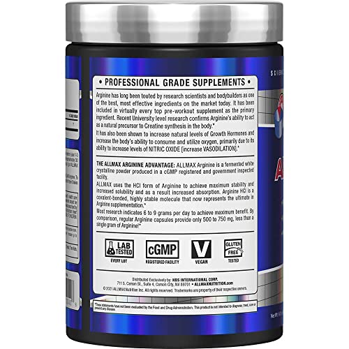 ALLMAX Nutrition Arginine, L - Arginine Powder for Men and Women, Provides Cardiovascular Support & Muscle Growth, Helps Improve Synthesis of Nitric Oxide & Blood Flow, 400 grams