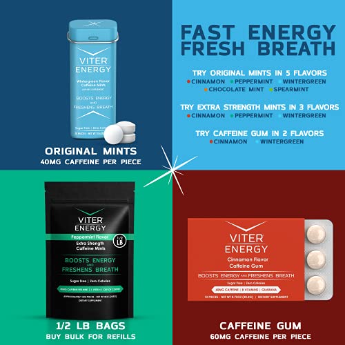 Viter Energy Extra Strength Caffeinated Mints - 80mg Caffeine, B Vitamins, Sugar Free Vegan Breath Mint. Powerful Energizing Boost. 1 Mint Replaces 1 Coffee, Gum, Chews, Gummies (Cinnamon, 6 Pack)