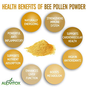 Alovitox Bee Pollen Powder | 100% Pure, Fresh Natural Raw Bee Pollen | Superfood Packed with Antioxidant, Protein, Vitamins B6, B12, C, A& More | Bee Friendly, Gluten Free 16 Oz