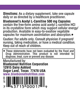 Bluebonnet Nutrition Acetyl L-Carnitine, Transports Fatty Acids, Boosts Cellular Energy, Soy & Gluten-Free, Kosher Certified, Vegan, 30 Vegetable Capsules, White, 500mg