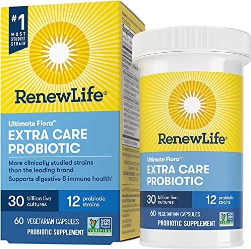 Renew Life Adult Probiotics 30 Billion CFU Guaranteed, 12 Strains, For Men & Women, Shelf Stable, Gluten Dairy & Soy Free, Ultimate Flora Extra Care, 60 Count, Pack of 1