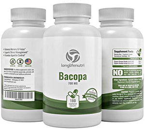 Bacopa Monnieri Extract Powder 700mg - 180 Vegetarian Capsules | Himalaya Plant Made in USA | Enhances Energy Memory Focus | Promotes Positive Mood Sleep | Bacoside Gold Supplement 700 mg Complex