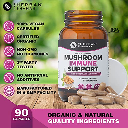 The Herban Shaman Mushroom Supplement Immune Support | Organic Mushroom Herbal Supplement | Polysaccharides, Maitake, Reishi, PSK, Chaga, Cordyceps, Lions Mane + More (90 Capsules)