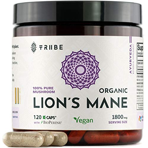 100% Pure Lions Mane Organic Mushroom Extract (Fruiting Body) + Bioperine (Absorption Enhancer) - 120 Vegan Capsules, 1800mg - Brain Booster. Mental Clarity. Stress and Anxiety Relief. Immune Support