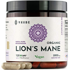 100% Pure Lions Mane Organic Mushroom Extract (Fruiting Body) + Bioperine (Absorption Enhancer) - 120 Vegan Capsules, 1800mg - Brain Booster. Mental Clarity. Stress and Anxiety Relief. Immune Support