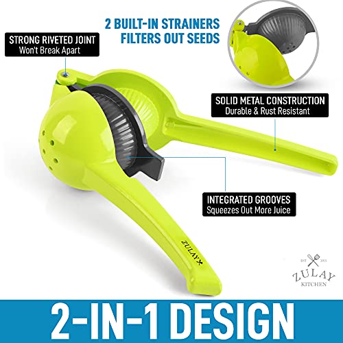 Zulay Metal 2-In-1 Lemon Lime Squeezer - Hand Juicer Lemon Squeezer - Max Extraction Manual Citrus Juicer (Gray and Lime Green)