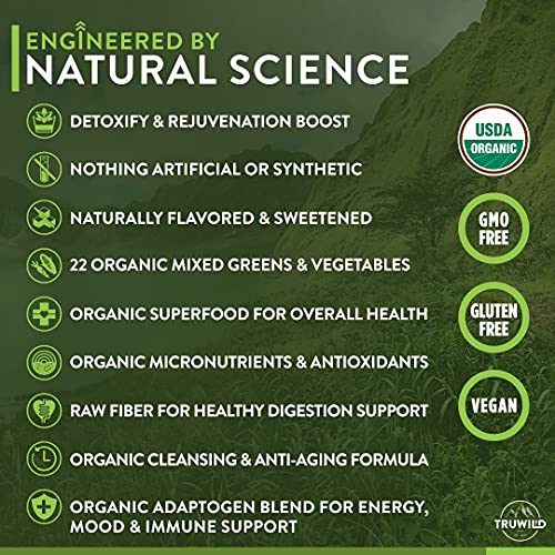 TRUWILD Wild Greens Certified Organic Green Superfood Adaptogen Powder - 22+ Amazing Organic Foods - Reishi, Ashwagandha, Maca, Moringa, Wheatgrass, Bitter Melon - Immune Support & Natural Flavor