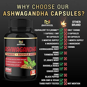 Ashwagandha Capsules 5850 mg - Mood & Energy Support Supplement with Turmeric, St.John's Wort, Rhodiola Rosea Extract - 3 Month Supply