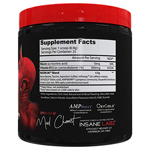 Insane Labz Redrum High Stim Pre Workout NO Booster Powder, Loaded with Beta Alanine Agmatine Sulfate Taurine Fueled by AMPiberry, OXYgold,Focus Strength Recovery,25 Srvgs Devil's Blood Black Cherry