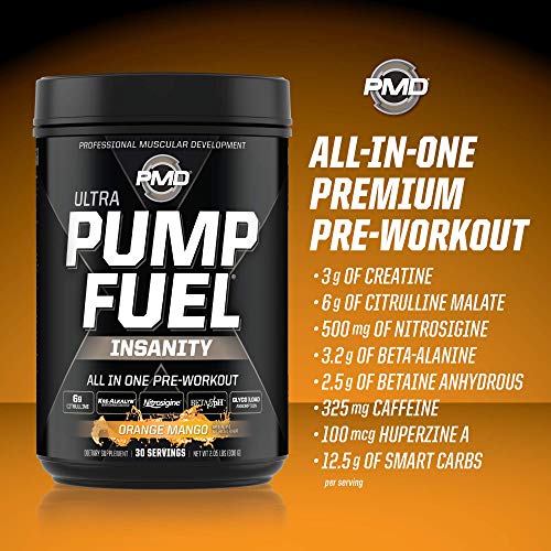 PMD Sports Ultra Pump Fuel Insanity - Pre Workout Drink Mix for Energy, Strength, Endurance, Muscle Pumps and Recovery - Complex Carbohydrates and Amino Energy - Tropical Orange Mango (30 Servings)