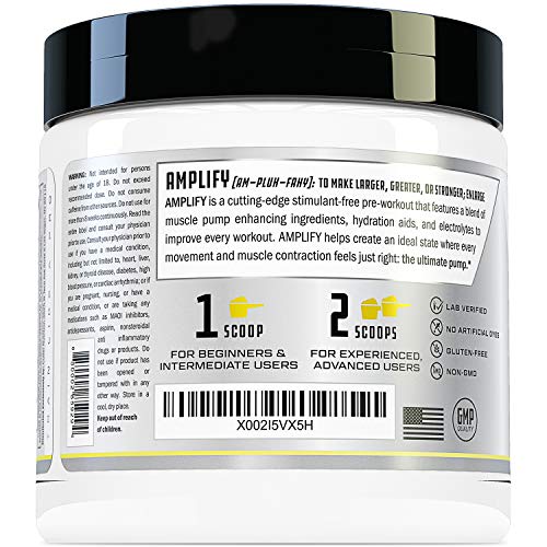 Amplify Caffeine Free Pre Workout for Men and Women: Stim Free Muscle Pump Enhancer, Hydration Powder with L Citrulline, Creatine HCl for High Volume Training | Sour Lemonade, 40 Servings