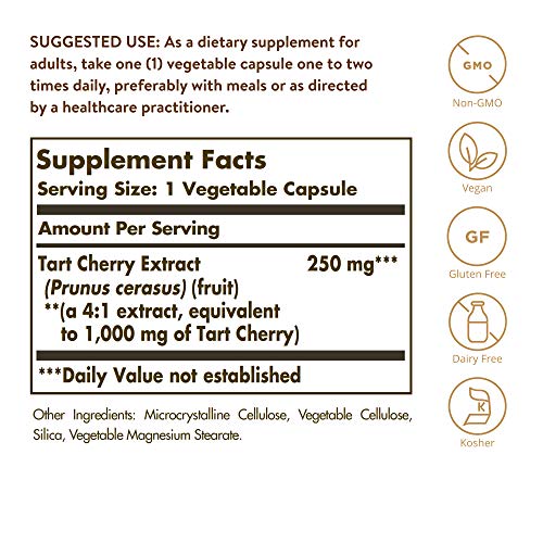 Solgar Tart Cherry 1000 mg, 90 Vegetable Capsules - Antioxidant with Quercetin, Chlorogenic Acid & Anthocyanins Compounds - Non GMO, Vegan, Gluten Free, Dairy Free - 90 Servings