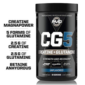 PMD Sports CG5 - Premium Creatine and L Glutamine Powder - Maximum Strength Power Recovery, Build Lean Muscle, Increase Workout Performance - Pre Workout and Post Workout - Unflavored (60 Servings)