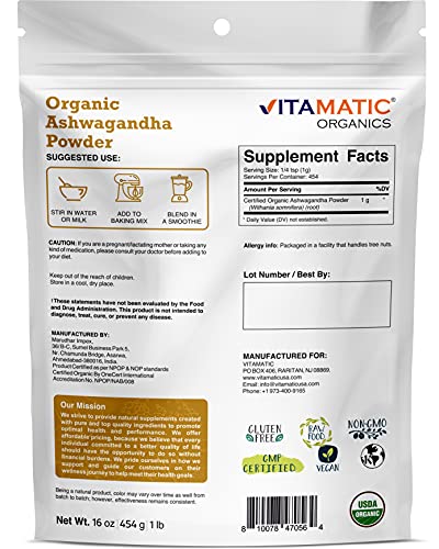 Vitamatic Certified USDA Organic Ashwagandha Powder 1 Pound (16 Ounce) - (WITHANIA SOMNIFERA)
