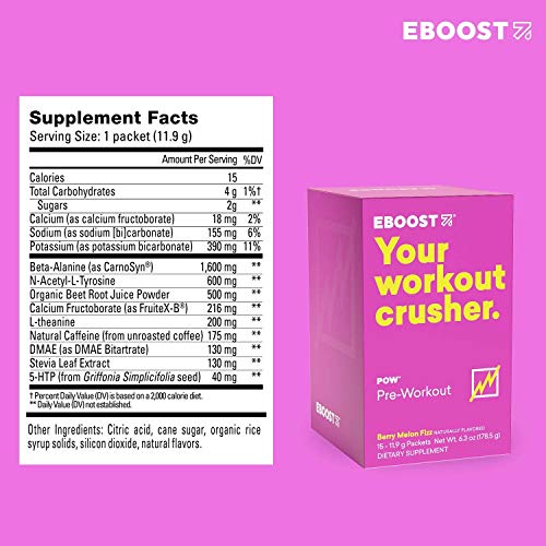 EBOOST POW Natural Pre-Workout – 15 Packets - Berry Melon Fizz - Pre Workout Supplement for Performance, , Energy, Focus - Men Women - Non-GMO, Gluten-Free, No Creatine