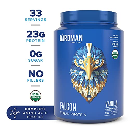 Birdman Falcon Organic Vegan Protein Powder with BCAAs, 33 Servings, No Fillers, Plant Based, Keto, Low Carb, Low Calorie, Dairy Free, Gluten Free, Non-GMO, Vanilla, 2.18lb