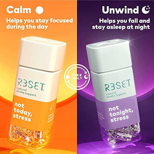 R3SET Day & Night Combo, Stress & Mood Supplement, Sleep Support, with Ashwagandha, Chamomile, Vitamin D3, Omega 3, Valerian Root, L-Theanine & GABA, 28 Veg Capsules, 0 Sugar 0 Cals 0 Carbs